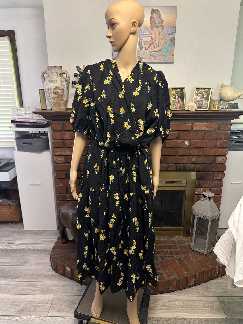 Target Black Midi Dress with Yellow Floral Tie Waist -2X